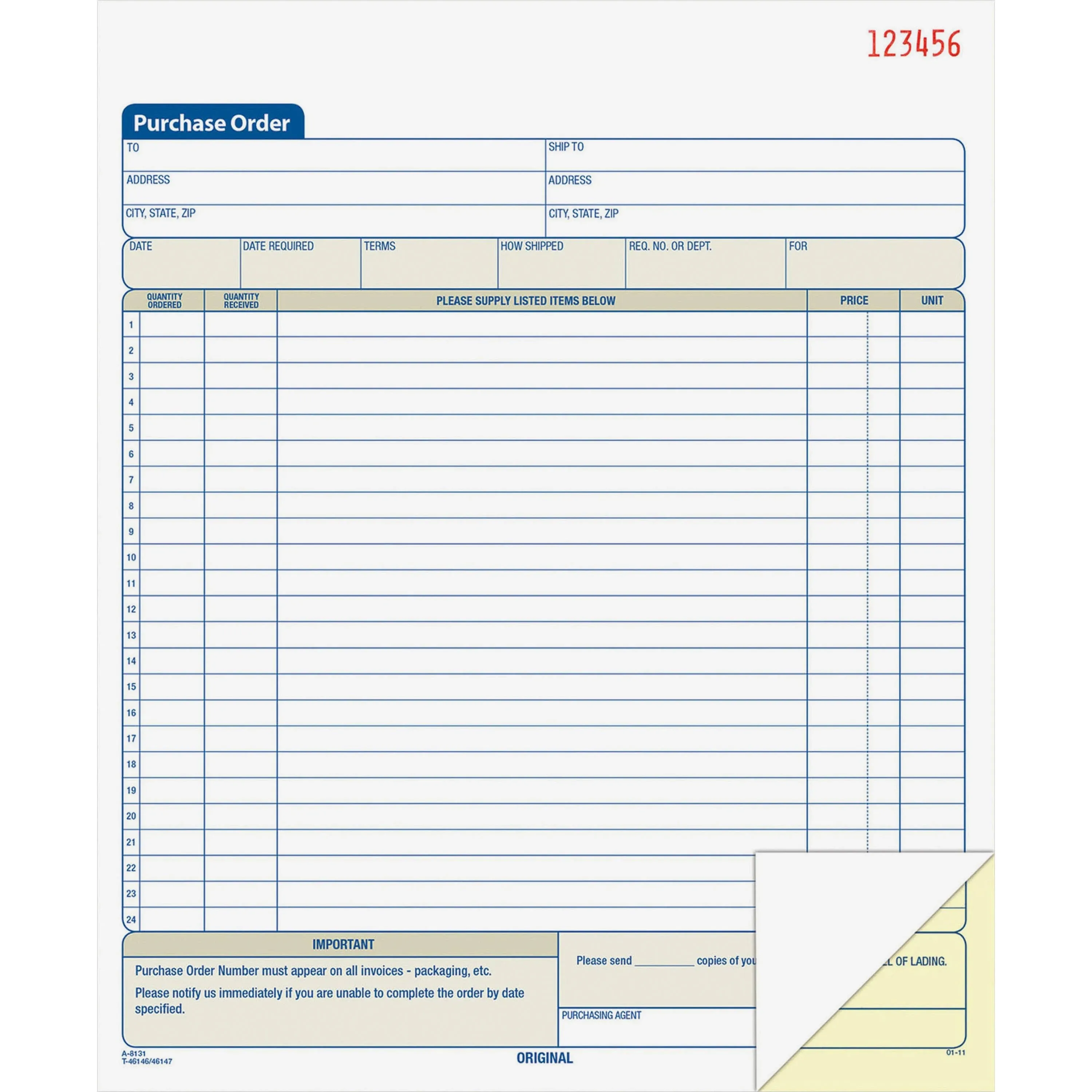 Adams Purchase Order Forms, 2-Part, Carbonless, 10.68" x 8.37" - 50 sets