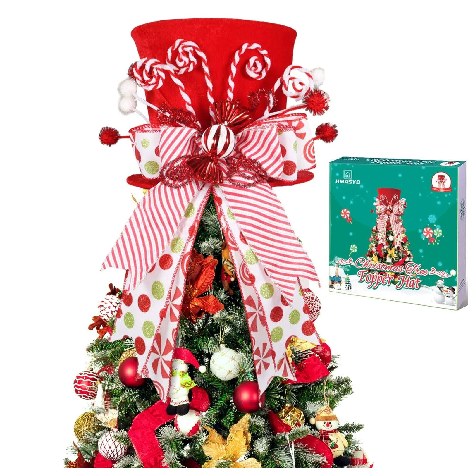 HMASYO Candy Canes Christmas Tree Topper Hat - Red Top Hat with Large Candy Bows ...