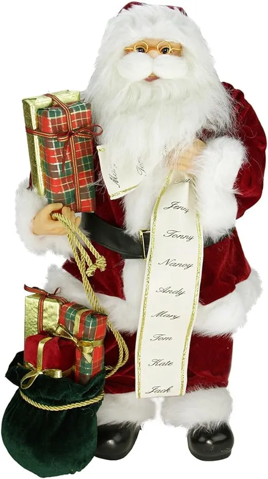 24" Traditional Standing Santa Claus Christmas Figure with Name List and Gift Bag ...