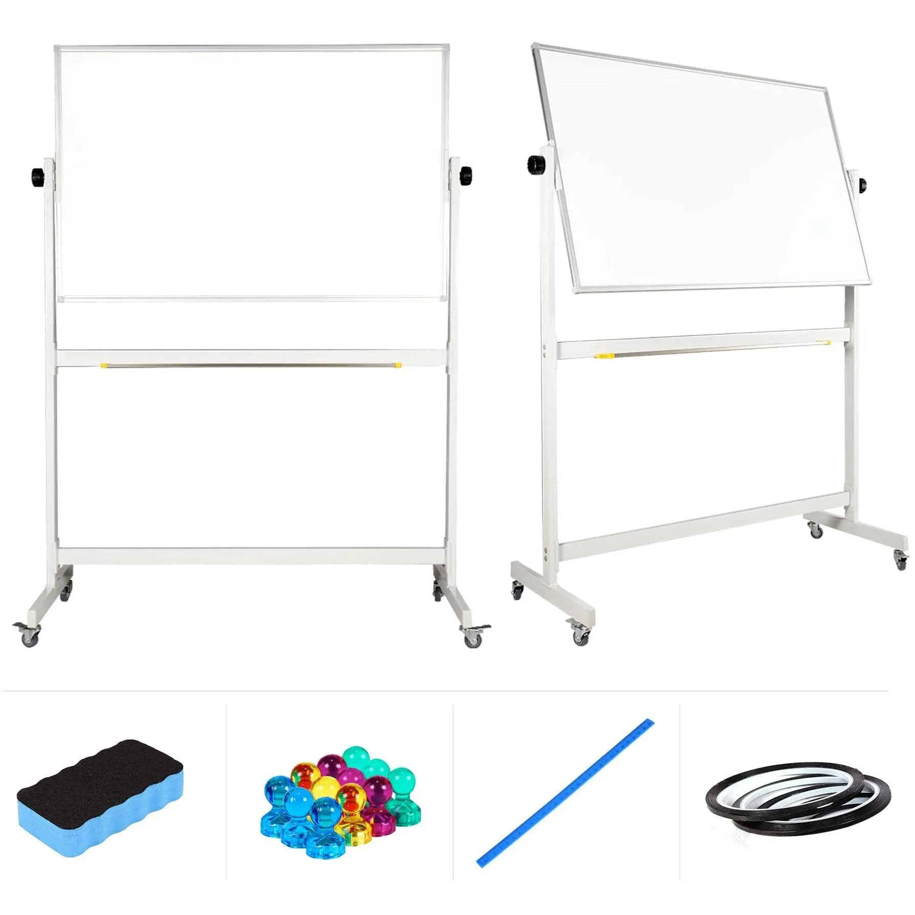 Flybold Rolling Whiteboard with Stand 48x32" Large - Portable White Board on Wheels Double Sided - Wall Mount or Mobile Dry Erase Board with Accessories for Home Office Presentation, Writing, Coaching