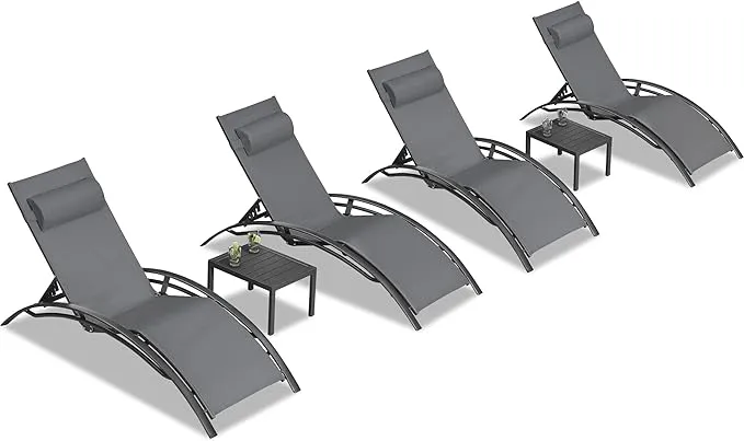 Patio Chaise Lounge Chair Set with 2 Side Table Outdoor Pool Adjustable Recliner Chairs for outside Beach Poolside Sunbathing Tanning Lounger