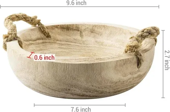 MyGift 9.6 inch Handmade Natural Paulownia Wood Fruit Bowl with Rope Handles, Decorative Round Serving Bowl Tabletop Home Décor