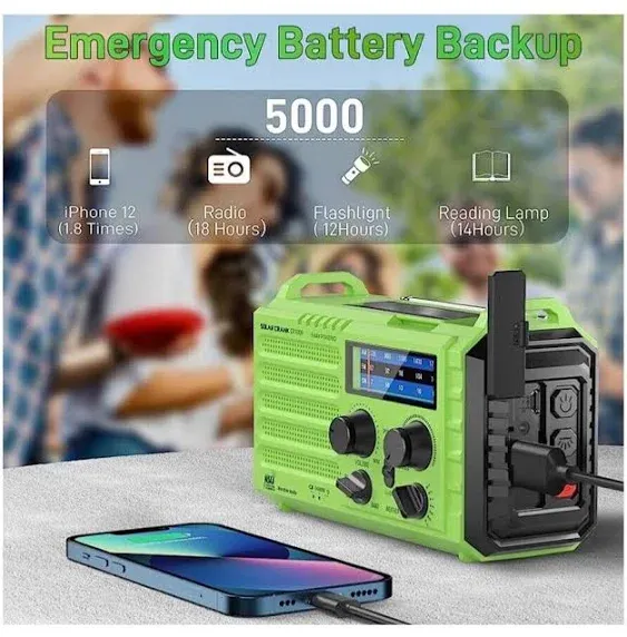 Emergency Radio Hand Crank Solar, Am/fm/sw NOAA Weather Radio, Portable Battery Operated Radio with Cell Phone Charger, 3W LED Flashlight & Reading La