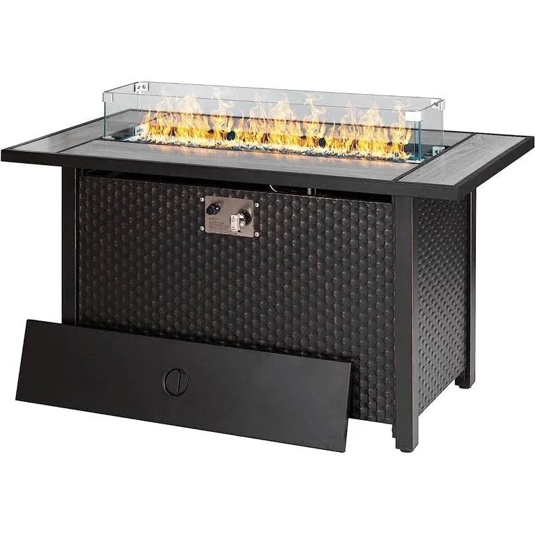 WAROOM Outdoor Propane Fire Pit, 45 Inch 50,000 BTU Steel Rectangular Gas Firepit Table with Glass Wind Guard, Fire Glass, and Waterproof Cover, for Party on Patio Garden Backyard Porch