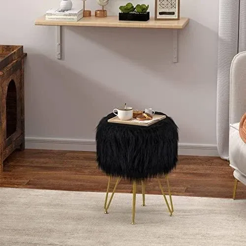 RunLexi Vanity Stool Chair with Storage Faux Fur Makeup Room Seat Stool Soft ...