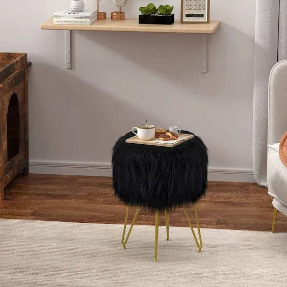 Vanity Stool Chair with Storage, Faux Fur Makeup Room Seat Stool, Soft Padded Se