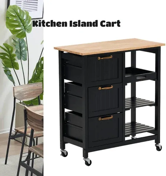 Kitchen Island Cart with 3 Drawers Rolling Serving Utility Trolley Cart On Wheel