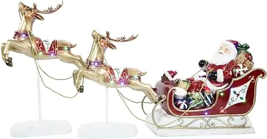 Fraser Hill Farm Indoor/Outdoor Oversized Christmas Decor with Long-Lasting LED Lights, Santa Sleigh and Flying Reindeer 3-Piece Set