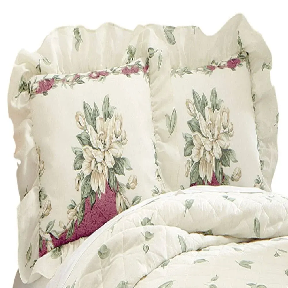 Collections Etc Magnolia Garden Floral Ruffle Pillow Sham, Burgundy, Sham