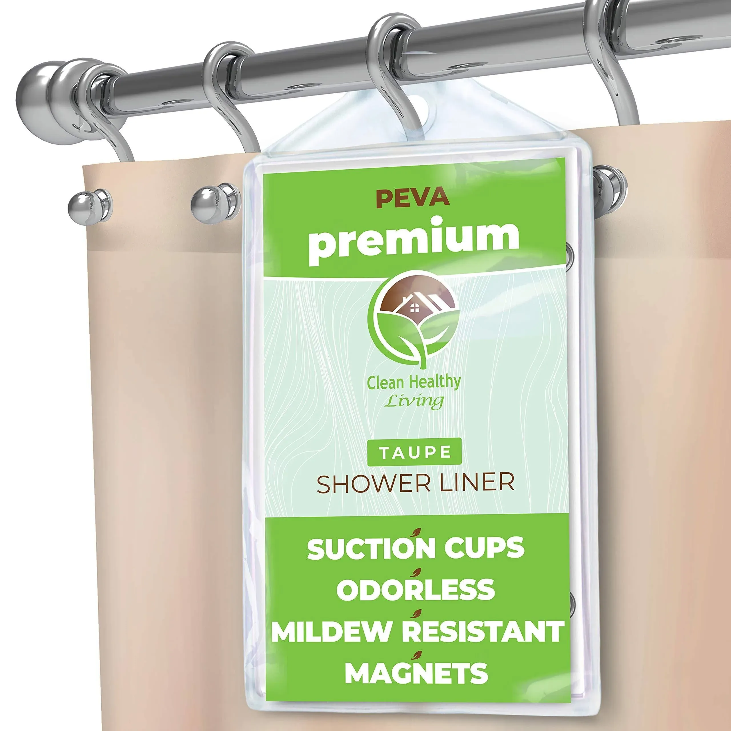 Clean Healthy Living Premium Peva Shower Liner/Curtain: Odorless & Mildew Resistant (with Magnets & Suction Cups). Eco Friendly 70 x 71 in. Long -