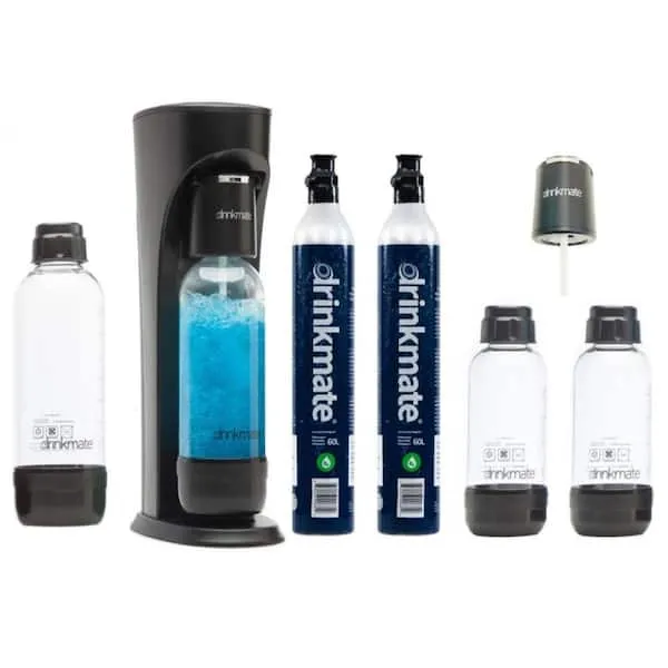 Matte Black Sparkling Water, Soda Maker Party Pack, 2 60L CO2 Cartridges, Extra Fizz Infuser, 1L and 2 0.5L Bottles