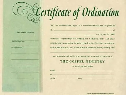 Certificate-Ordination-Minister (Package of 6)