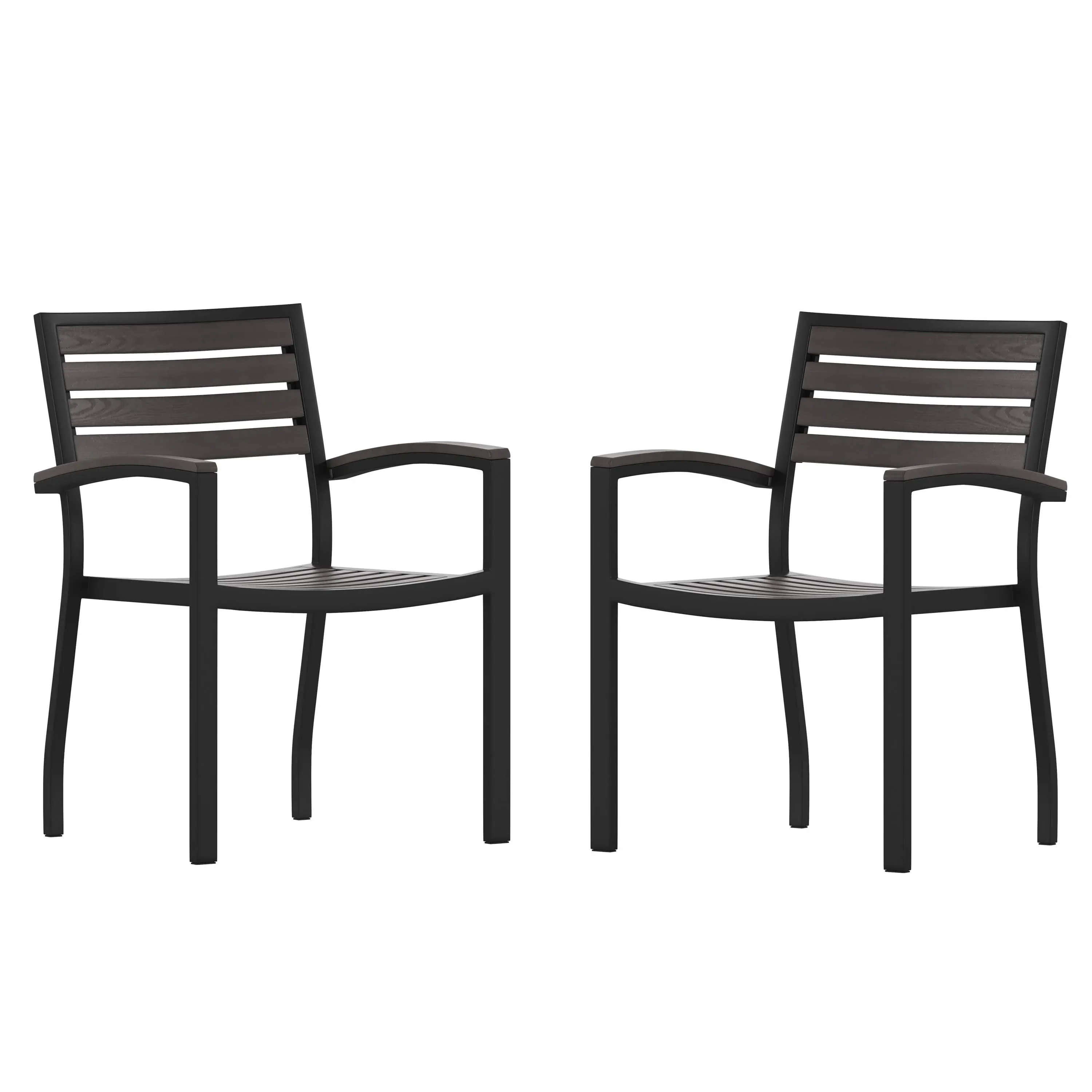 Flash Furniture Lark Set of 2 Stackable Aluminum Patio Chairs - All-Weather Black Framed Side Chairs with Gray Wash Faux Teak Slats - Commercial Grade