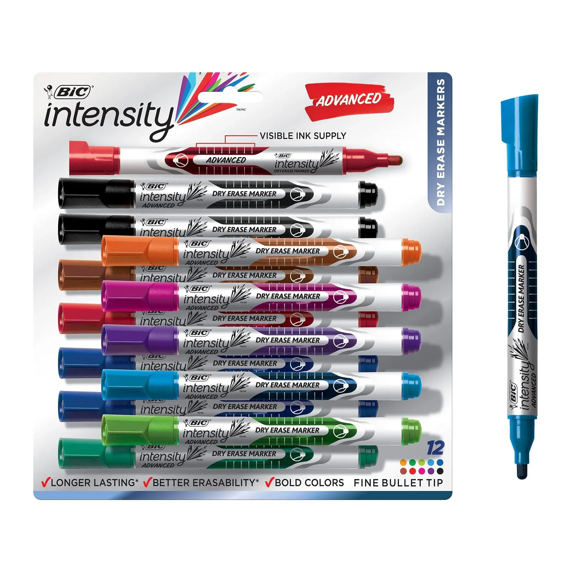 BIC Intensity Pocket-Style Advanced Dry Erase Marker, Medium Bullet Tip, Assorted, Dozen