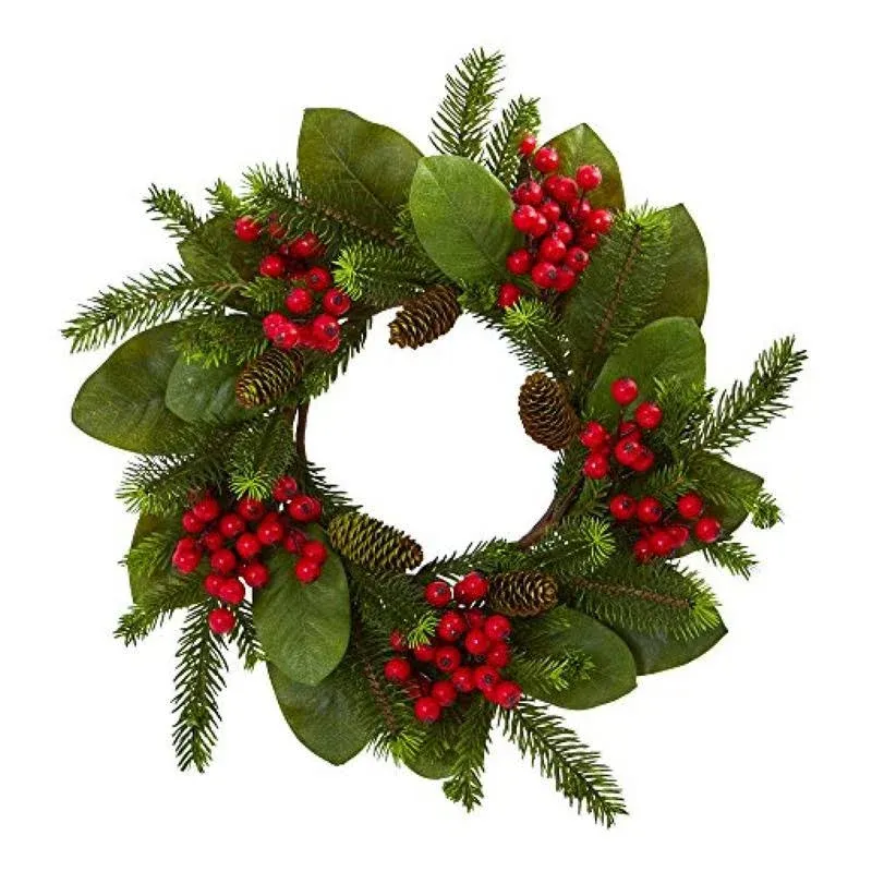 Nearly Natural 19in. Magnolia Leaf, Berry and Pine Artificial Wreath