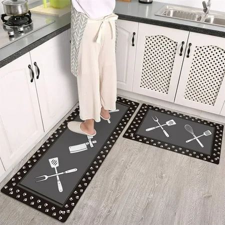 Kitchen Mat Non Slip PVC Leather Tableware Fork Kitchen Knife Slice Eggbeater Dishware Dinnerware Cushioned Kitchen Rug Runner Anti Fatigue Waterproof Sauce Oil Proof