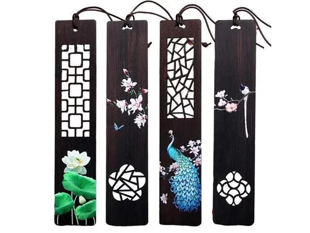 OIAGLH 4pcs Book Lovers For Men Women Unique Carving Out Mark With Box Handmade Natural Wooden Bookmarks Students Supplies