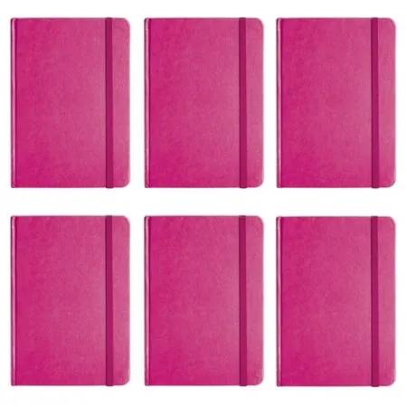 Personal Notebook Set 6 Notebooks Total 5.8 x 8.3 Lined Pages Stationery Notepads w Textured Colored Covers Elastic Band and Ribbon Bookmarks PINK