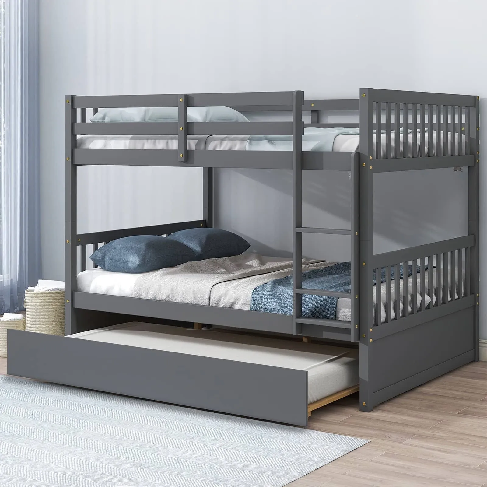 Tatub Full Over Full Bunk Bed with Trundle, Pine Wood Frame, Ladder and Guard Rails, Solid Bunk Bed 