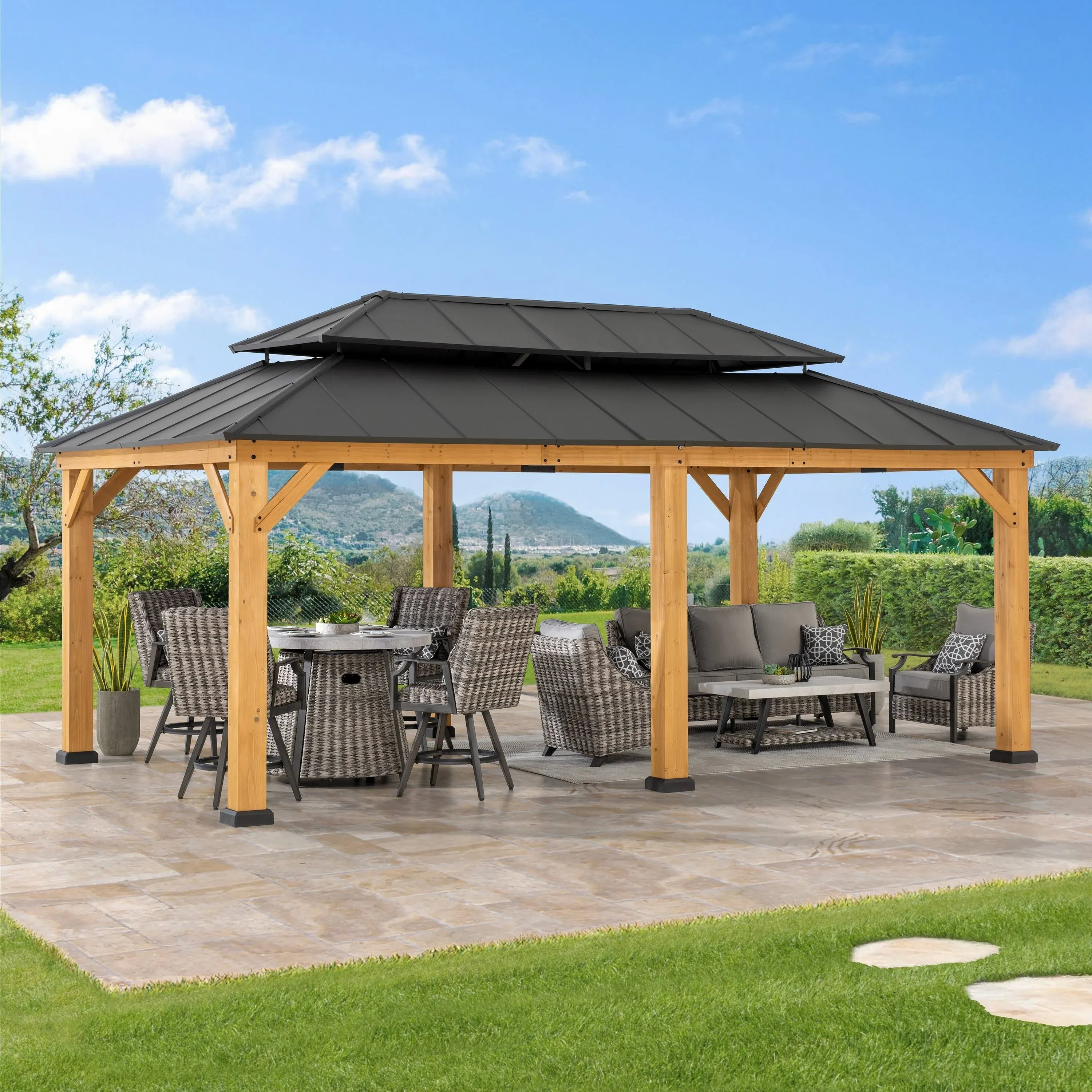 Sunjoy 12x20 ft. Aluminum Hardtop Gazebo, Cedar Frame Wood Gazebo with Dual Rails and Ceiling Hook