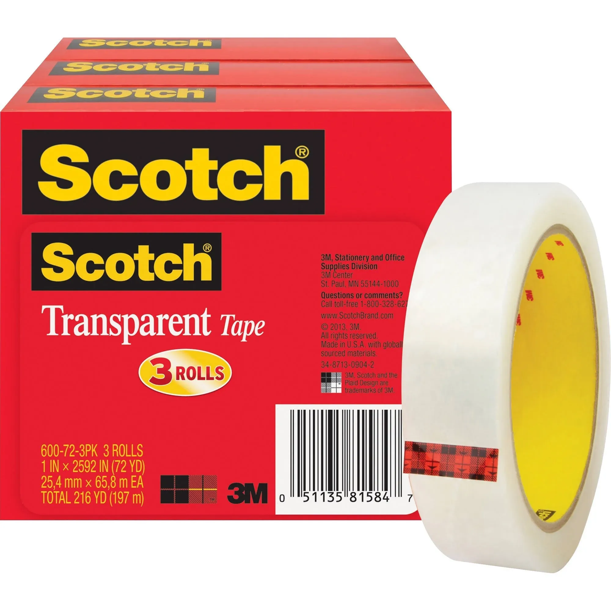 3M Scotch Transparent Glossy Tape, 3 Core, Transparent - 3 count