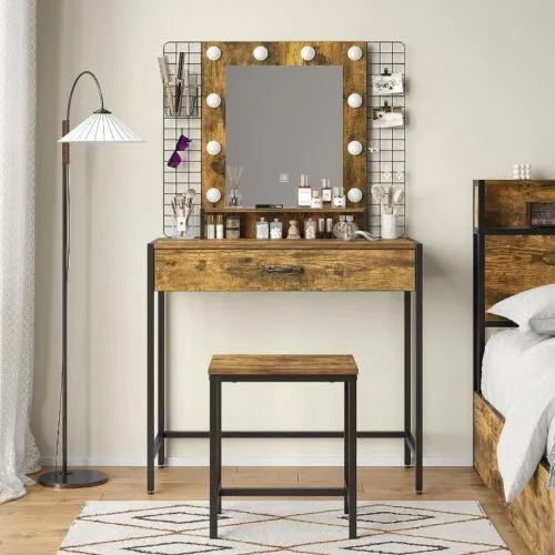 Vanity Desk - Mirror With Lights, Table Set With Drawers; Adjustable