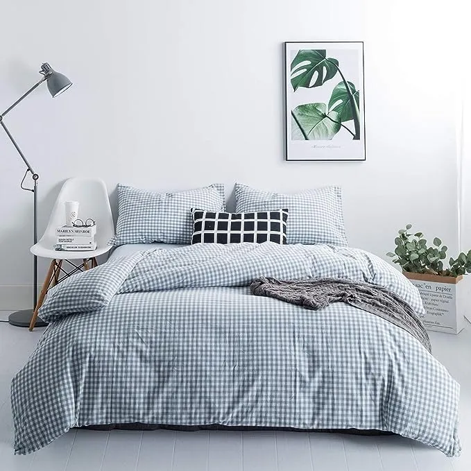 SUSYBAO 3 Piece Duvet Cover Set 100% Washed Cotton King Size Pale Blue Gingham Bedding Set 1 Plaid Geometric Duvet Cover with Zipper Ties 2