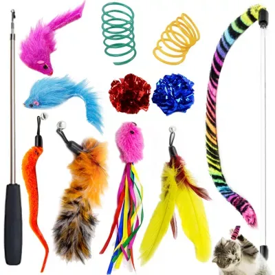 Youngever 12 Pieces Cat Toys Teasing Feather Toy, Retractable Wand With Assorted Teaser Refills, Interactive Feather Teaser Wand Toy Bell Kitten Cat