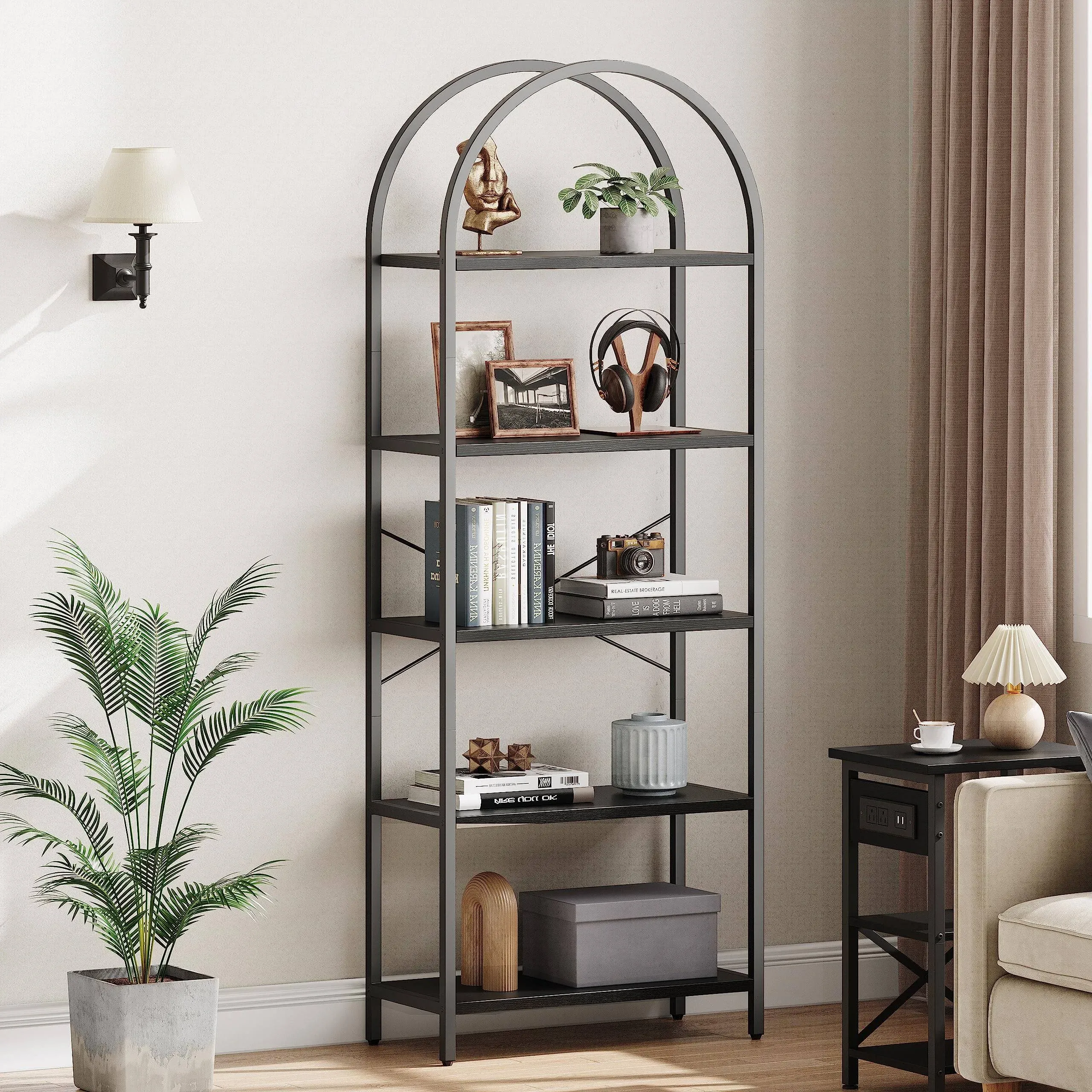 IDEALHOUSE Bookshelf 5 Tier Bookcase Arched Display Racks Tall Standing Bookshelves Metal Frame Open Storage Rack Shelf Large Black Book Shelf for