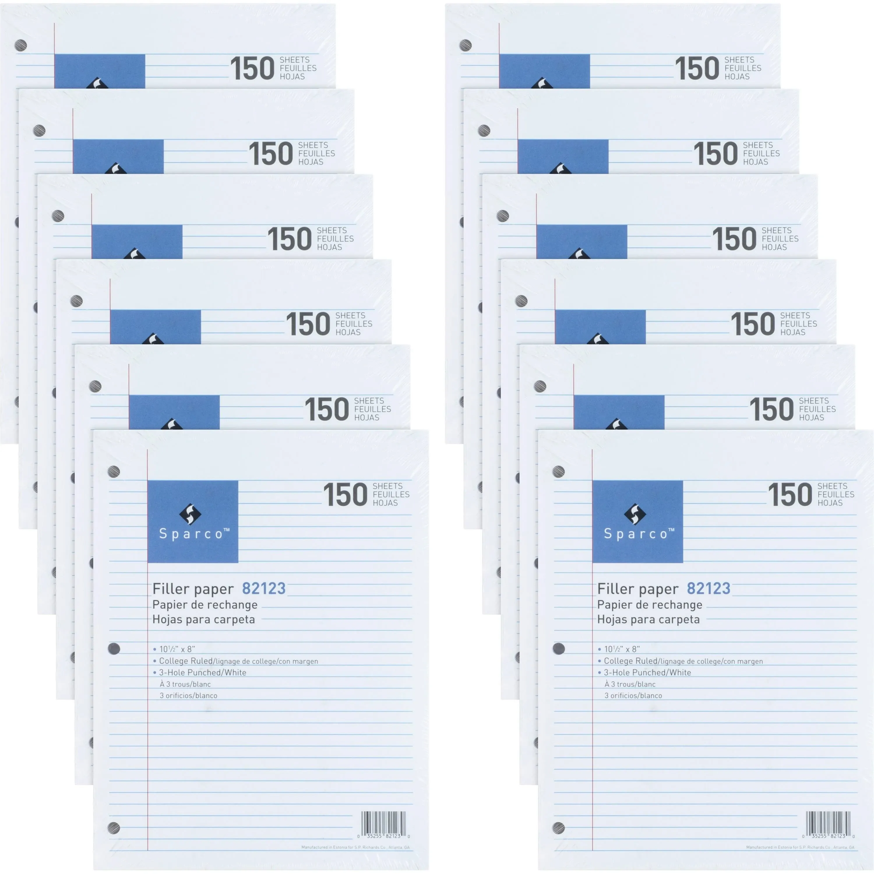 Sparco 3HP Notebook Filler Paper - 1800 Sheets - College Ruled - 16 lb Basis Weight - 8" x 10 1/2" - White Paper - 1800 / Bundle