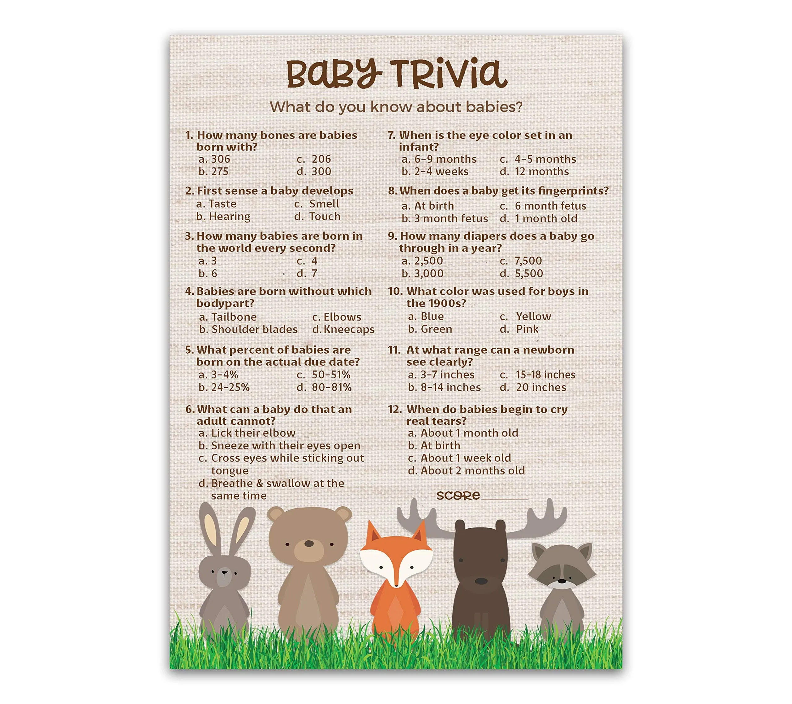 Woodland Animals Baby Shower Game — Baby Trivia Game — Pack of 25 — Country ...