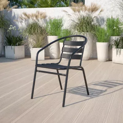 Emma And Oliver Metal Restaurant Dining Stack Chair With Aluminum Slats, Black