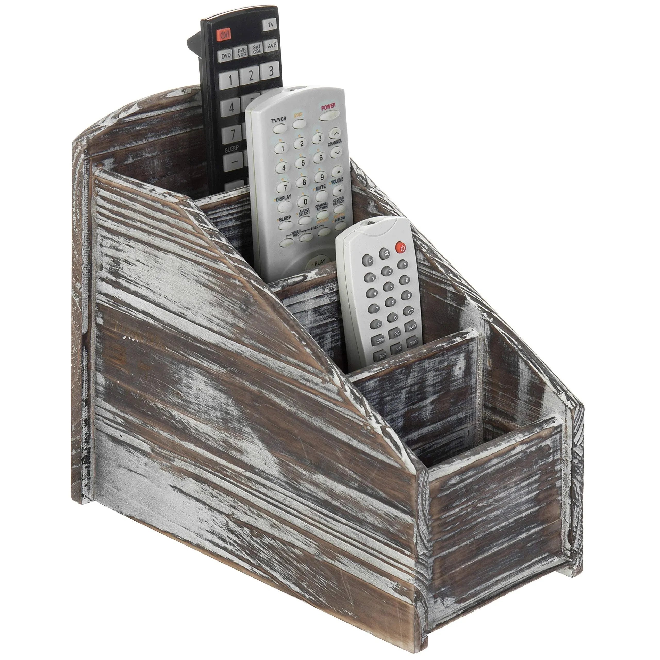 MyGift Rustic Solid Torched Wood TV Remote Control Holder with 4 