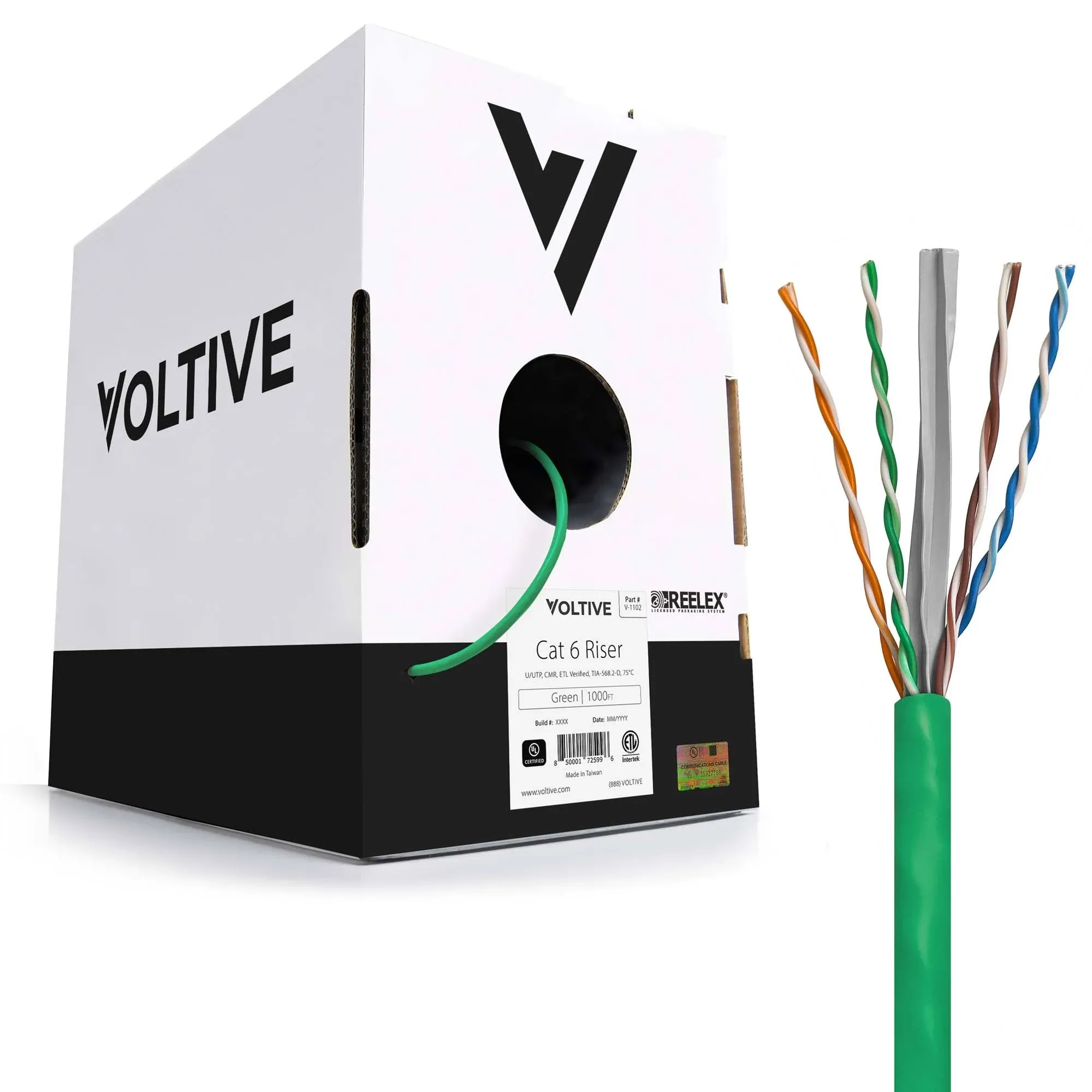 Voltive Cat6 Riser (CMR), 1000ft, Green - Solid Bare Copper Bulk Ethernet Cable - UTP - 600MHz - UL Certified & ETL Verified