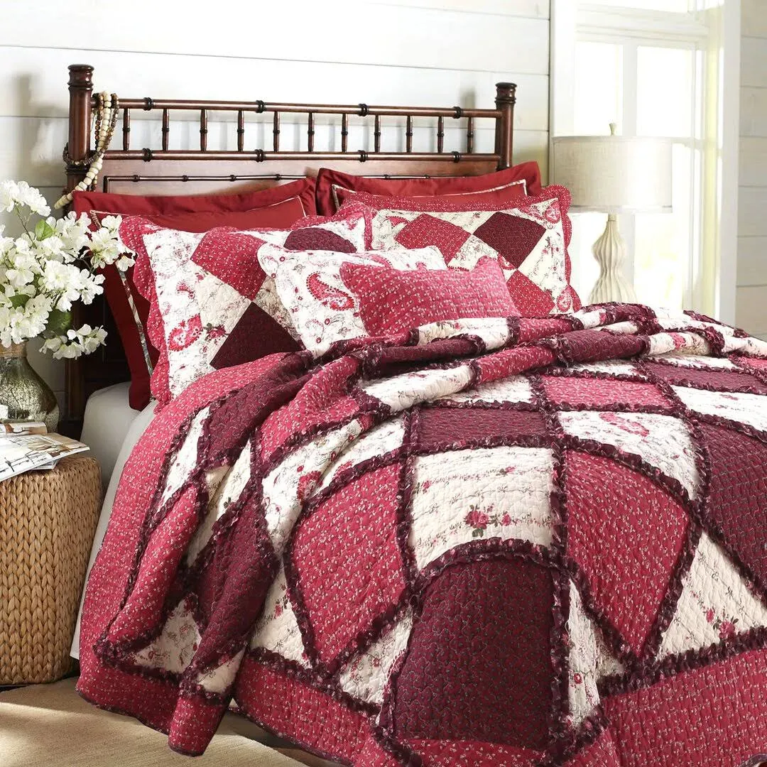 COZY CHIC COTTAGE SHABBY PINK RED BURGUNDY RUFFLE PATCHWORK ROSE SOFT QUILT SET