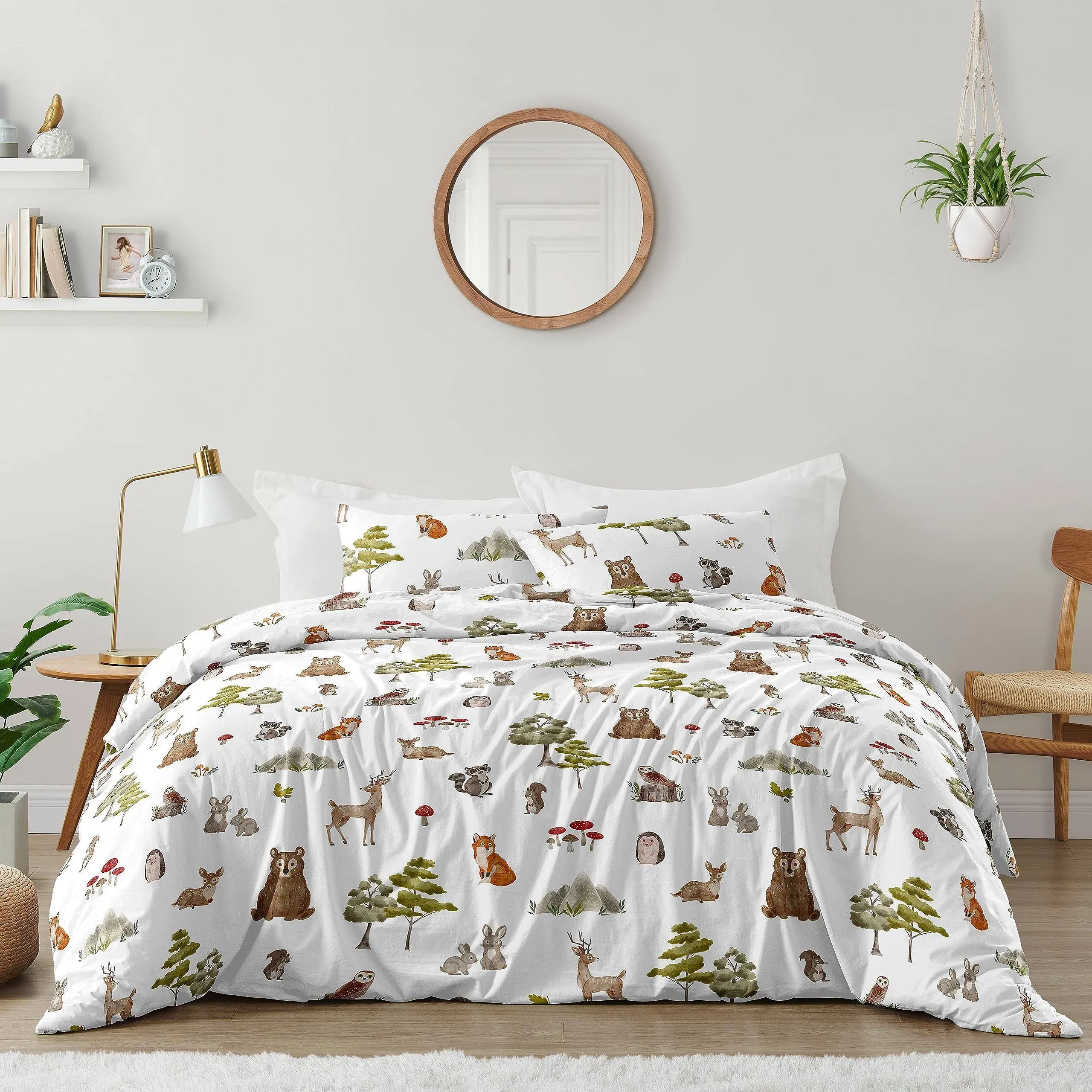 Sweet Jojo Designs Woodland Forest Animals Boy Girl Gender Neutral Unisex Queen Comforter Set Full Size Bedding Kids Teen Adult Bed Room 3pc Brown Bear Owl Animal Print Tree Deer Bunny Taupe Friends