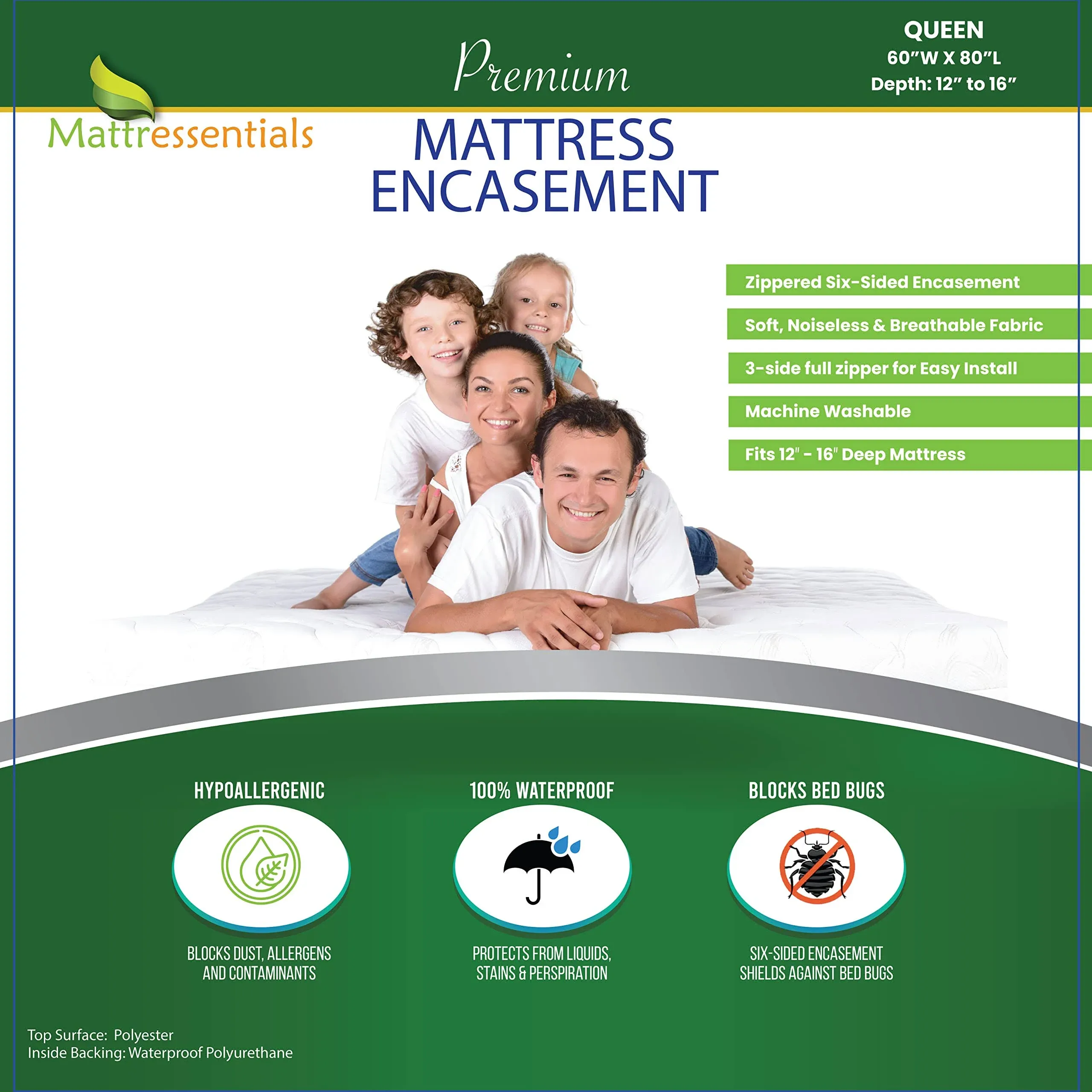 Zippered Queen Mattress Protector - Bed Bug Waterproof Mattress Cover, Premium Quality Hypoallergenic Encasement White