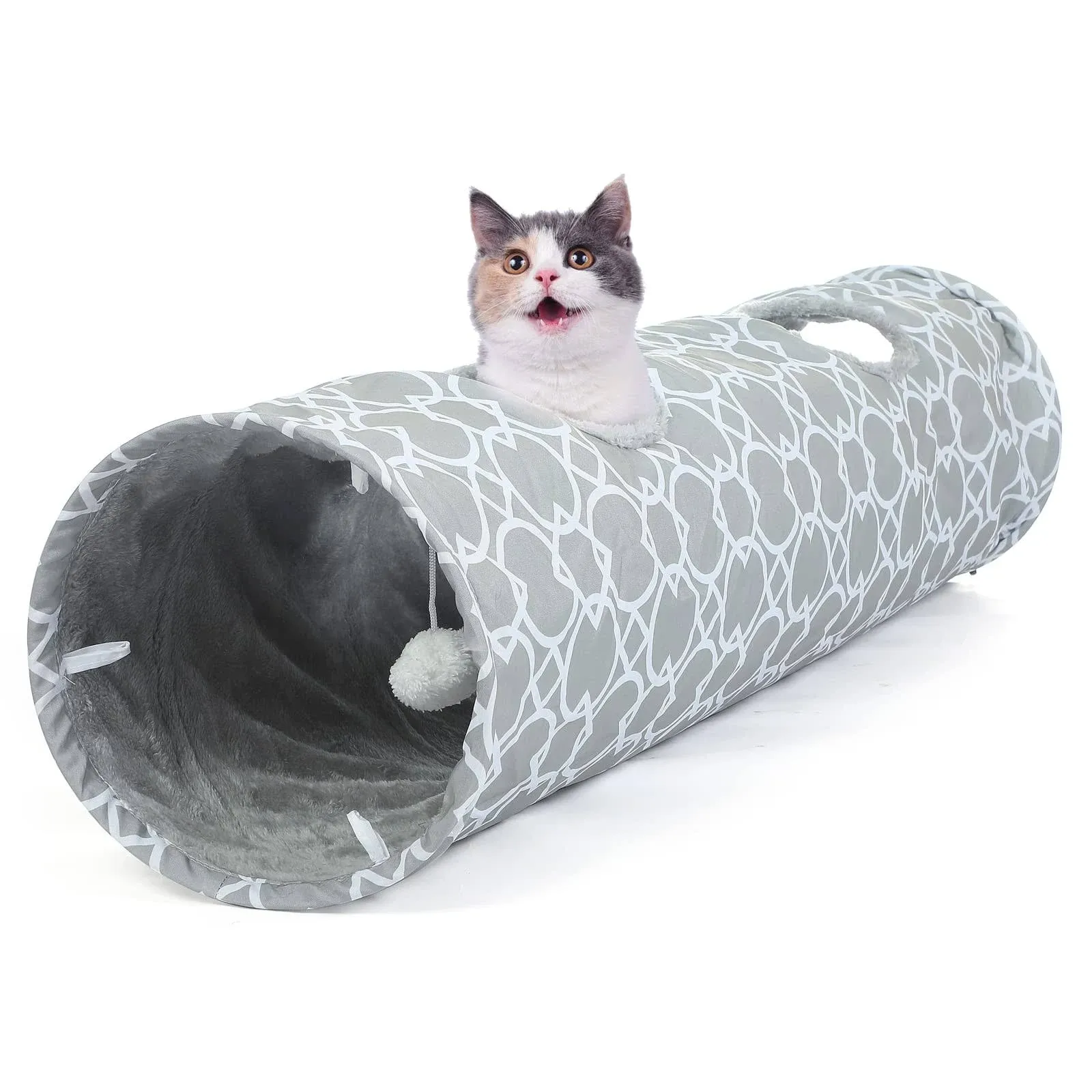 LUCKITTY Large Geometric Cat Tunnel with Plush Inside,Big Cats Toys Collapsible Tunnel Tube with Balls, for Rabbits, Kittens, Ferrets,Puppy and Dogs