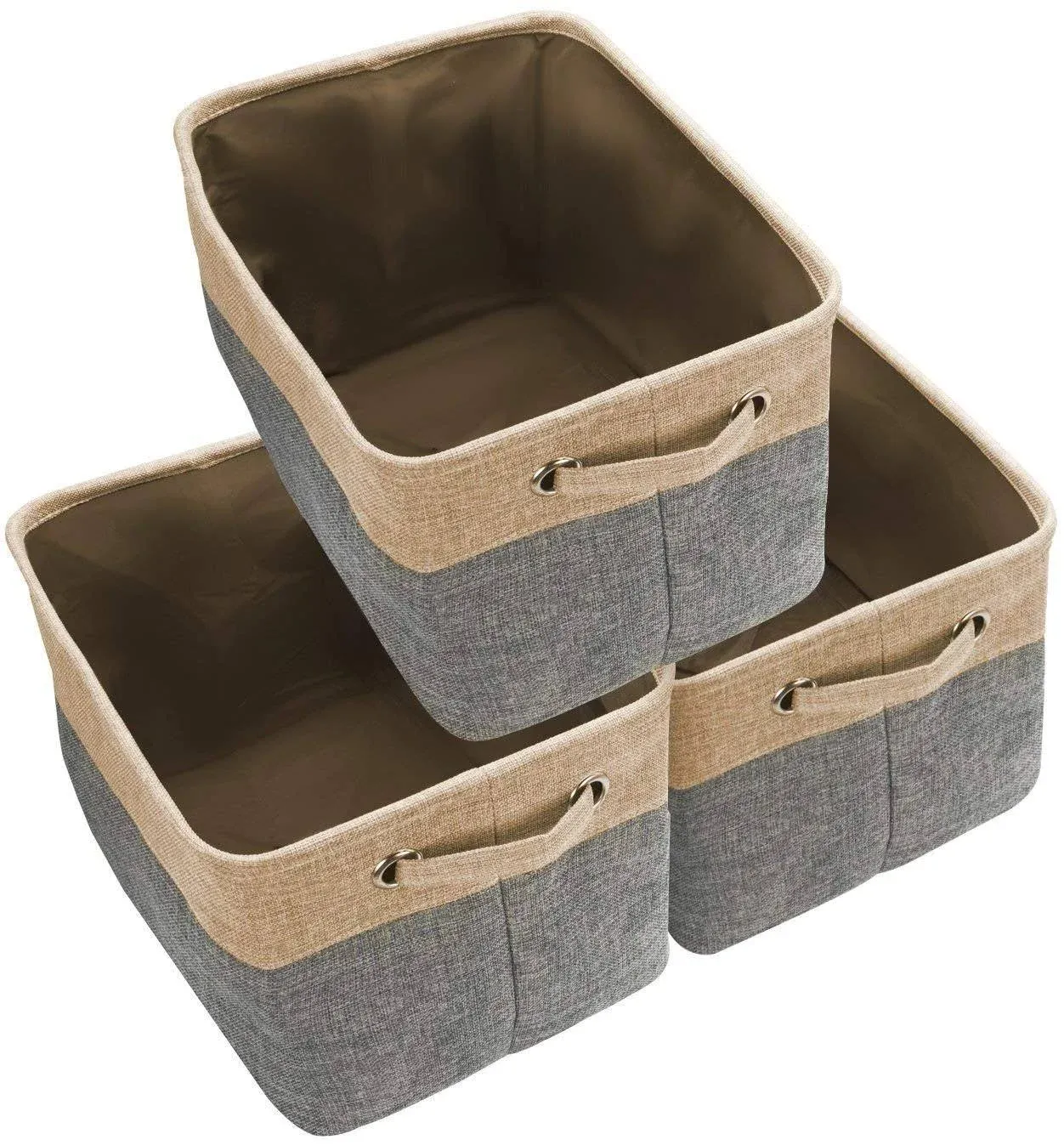 Foldable Storage Bin Basket Set [3-Pack] Canvas Fabric Collapsible Organizer With Handles Storage Cube Box For Home Office Closet, Grey/Tan (Grey)