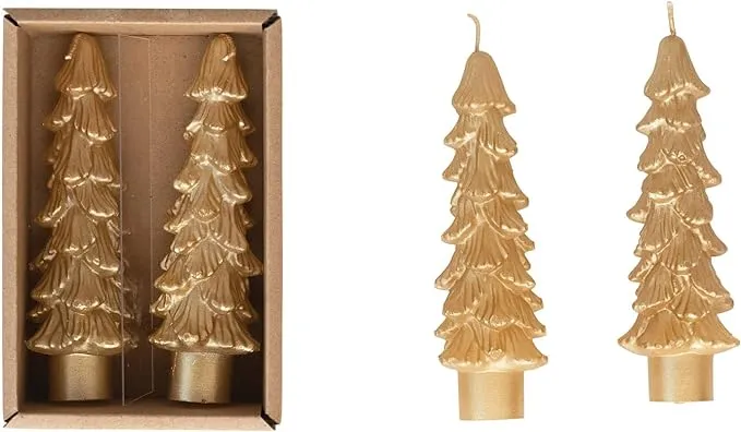 Creative Co-Op Unscented Tree Shaped Taper Candles, Gold, Boxed Set of 2