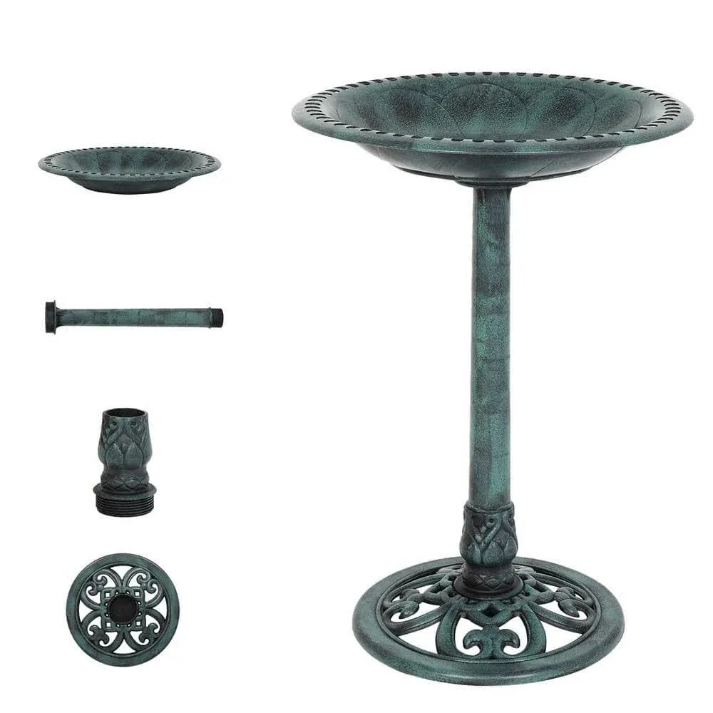 28 in. Bird Bath Antique Green Resin Birdbaths Pedestal Vintage Garden Decor