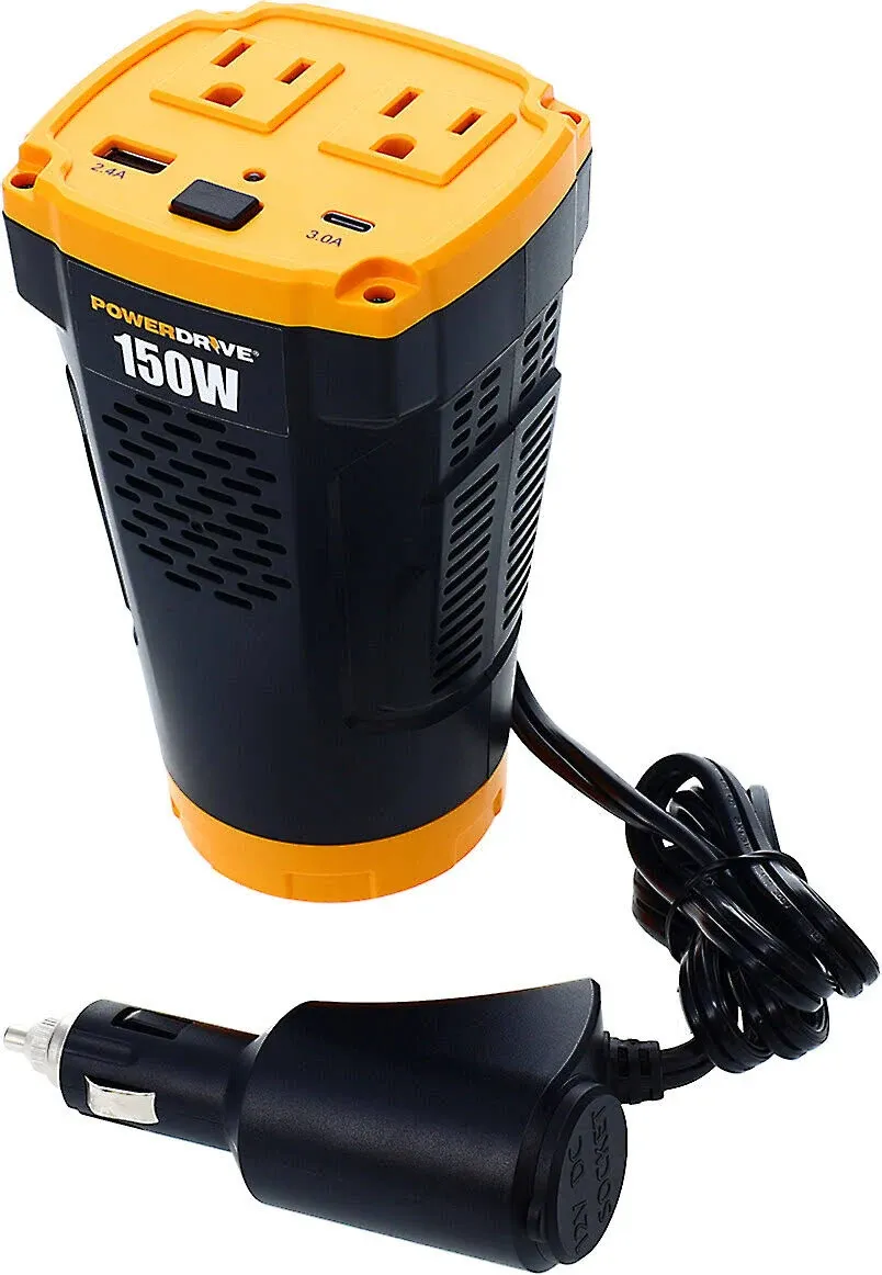 PowerDrive PWD150C Black/Orange 12V Plug 150 Watt Cupholder Power Inverter