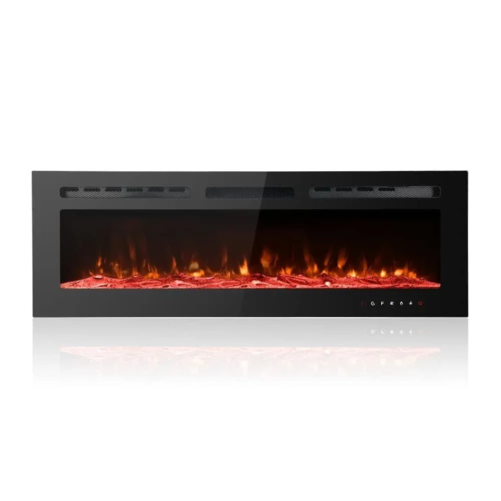 Electric Fireplace Inserts Freestanding Heater for The Living Room Floating Fireplace with 12 LED Colors with Logset and Stones, Space Heaters for Indoor Use,1500W/750W,Black,50inch