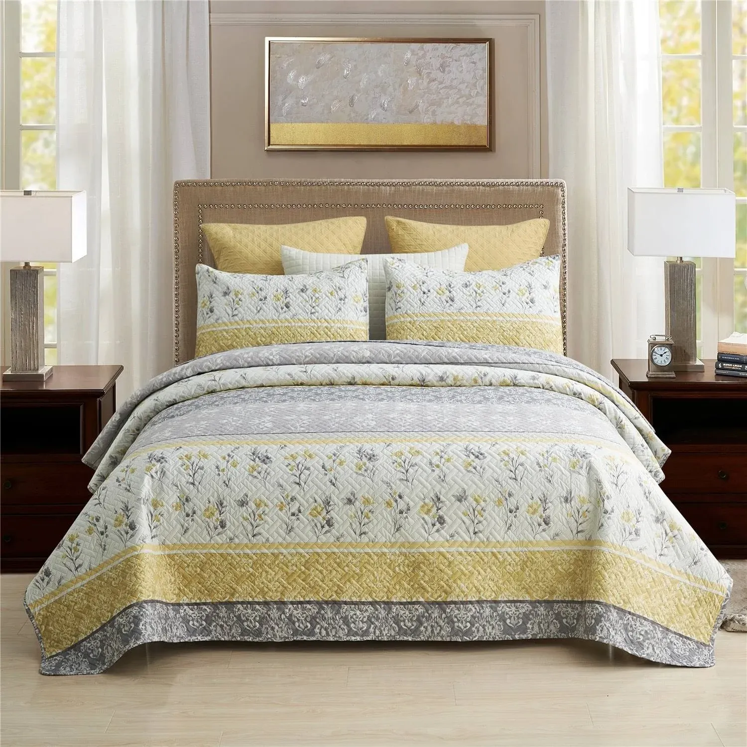 3 Piece Gray Yellow Stripe Quilt Set Floral Reversible Bedspread