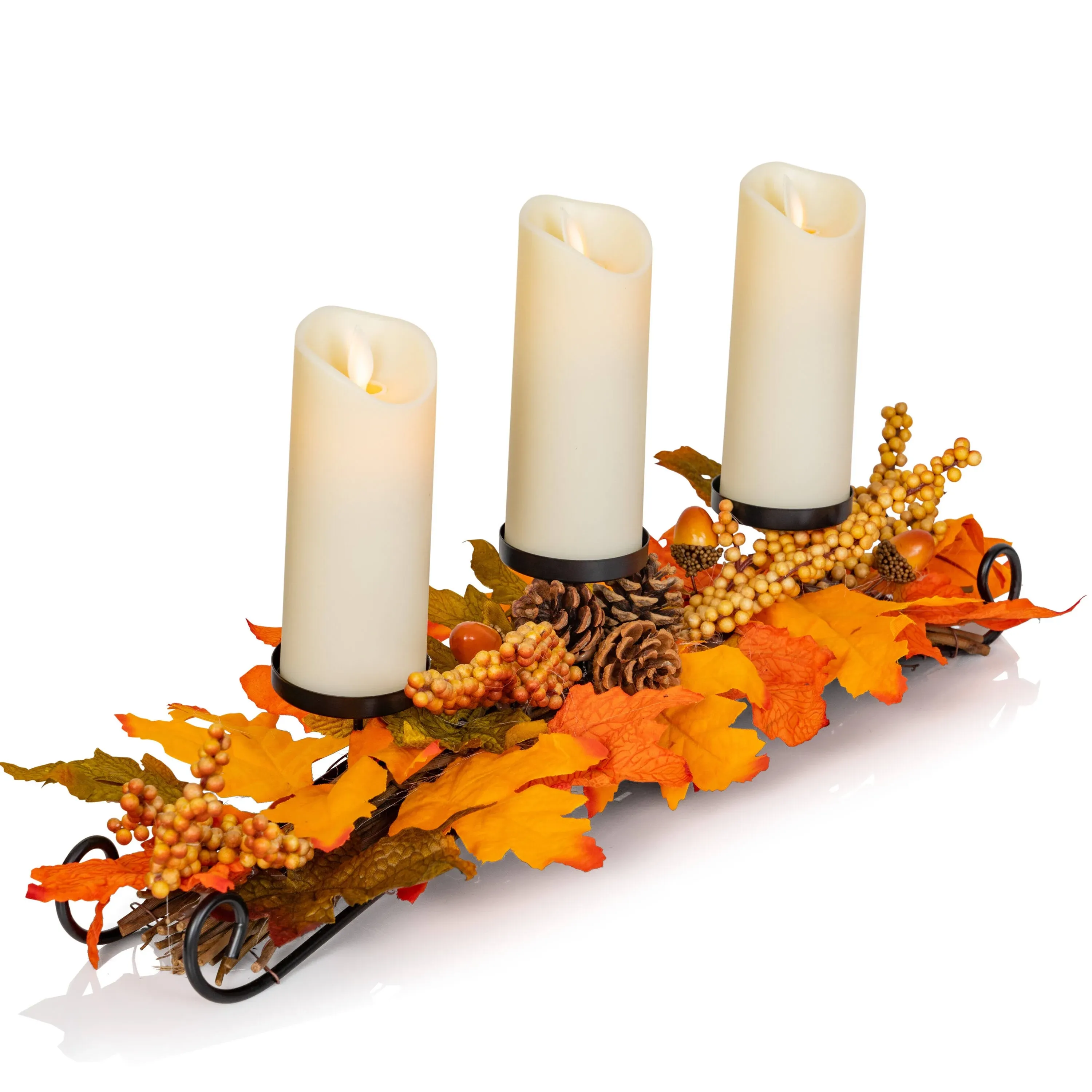 Maple Leaves Candle Holder - Thanksgiving Fall Harvest Themed Candleholder Centerpiece Decorations with Pinecones and Acorns