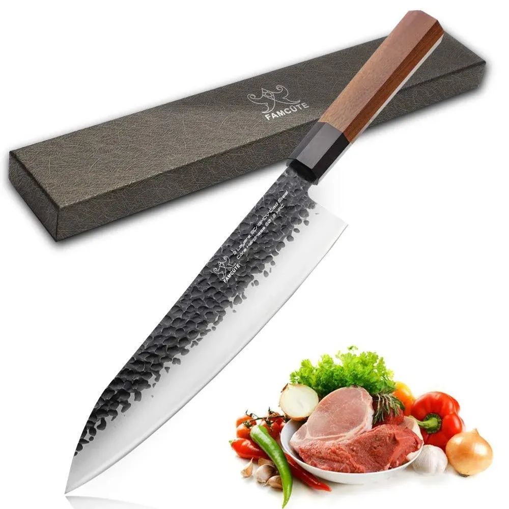 FAMCÜTE 8 Inch Japanese Knife, Hand Forged High Carbon Steel 3 Layers 9CR18MOV Wood Handle Professional Kitchen Knife