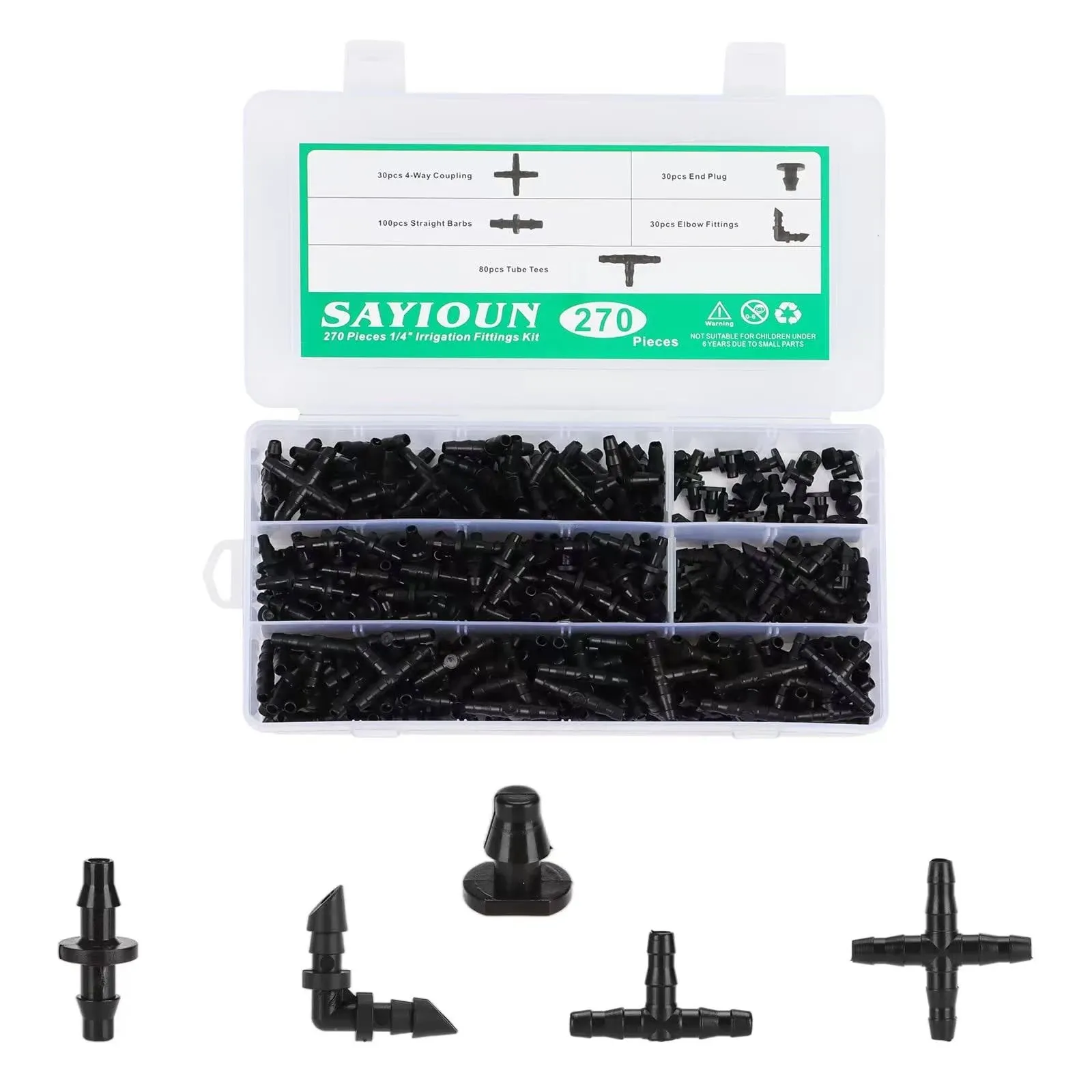 270 Pcs Barbed Connectors Irrigation Fittings Kit,Drip Irrigation Barbed Connectors 1/4''Tubing Fittings Kit for Flower Pot Garden Lawn(Straight Barbs,Elbows,End Plug,4-Way Coupling)