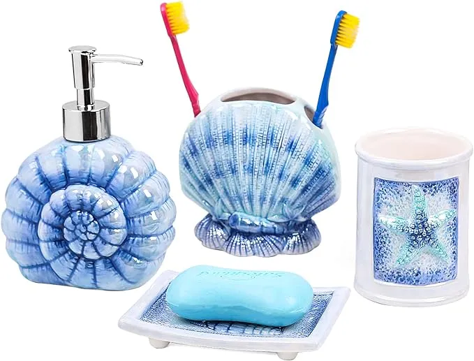 Ceramic Ocean Bathroom Accessories Set, 4 Piece 3D Conch Shell Bathroom Ensemble Set with Toothbrush Holder, Toothbrush Cup, Soap Dispenser, Soap Dish (Blue Light)