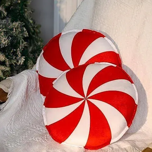 Soaoo 2 Pack Merry Christmas Peppermint Pillow 14 x 14 Inches Decorative Red Candy Swirl Lollipop Pattern Throw Pillow for Outdoor Decorations Winter Home Decor