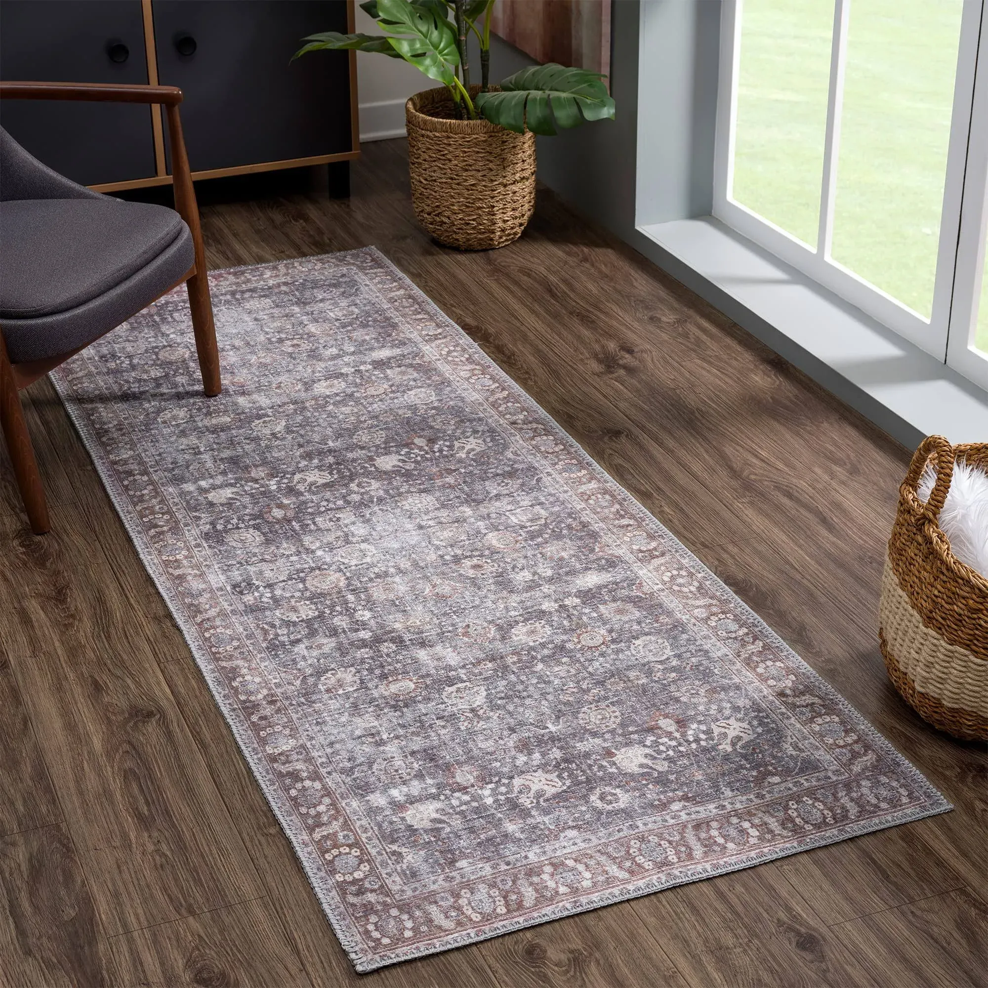 Washable Traditional Persian Brown / Dark Gray Area Rug 7 ft Runner